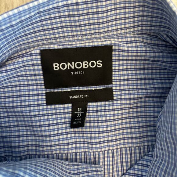Bonobos Button Down Shirt Long Sleeve Men Size 18 33 Plaid Checker Blue Standard - Picture 2 of 9